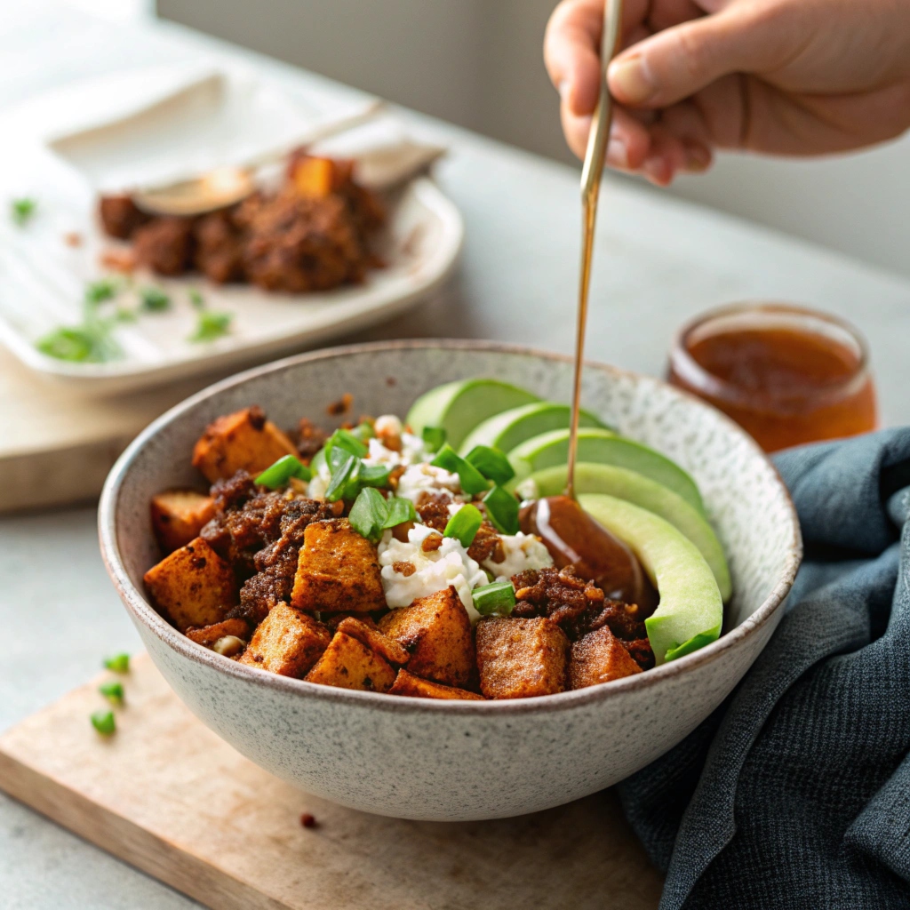 Easy homemade hot honey cottage cheese sweet potato bowl – creamy, spicy, and protein-packed